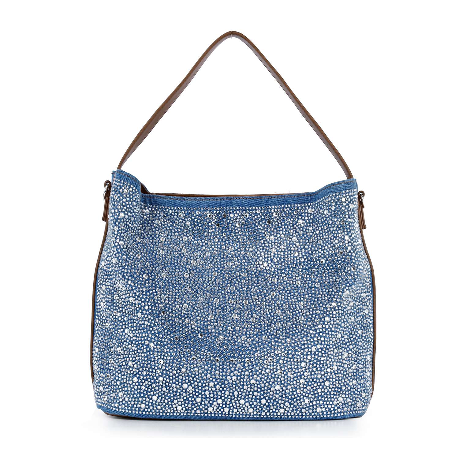 The Rhinestone Denim Fashion Hobo features blue denim with a brown shoulder strap and sparkling rhinestones, combining style and function as a tablet-compatible handbag.