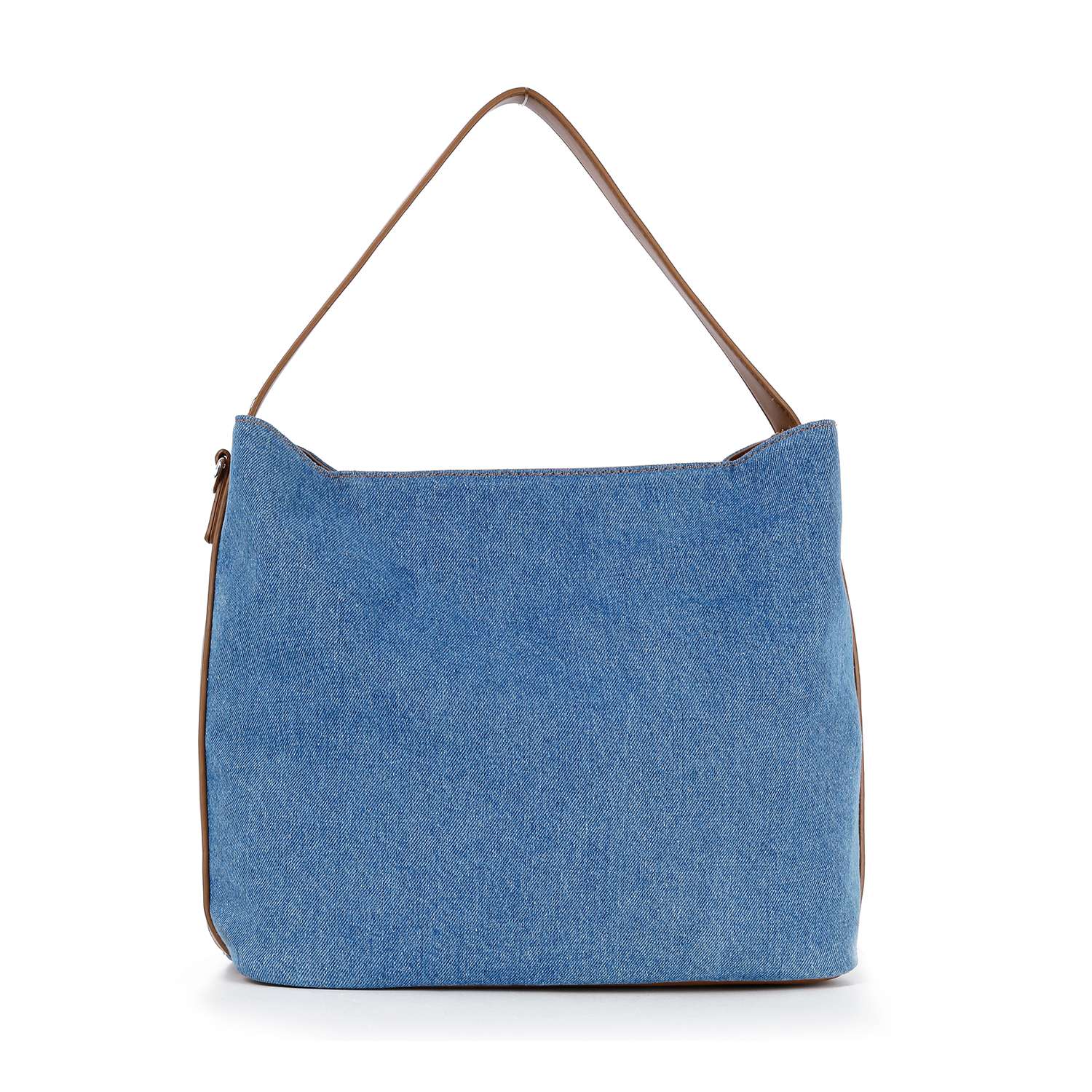 The Rhinestone Denim Fashion Hobo is a blue denim handbag with a simple design, brown straps, and brown trim along the sides and bottom. This tablet-compatible bag stands upright against a white background.