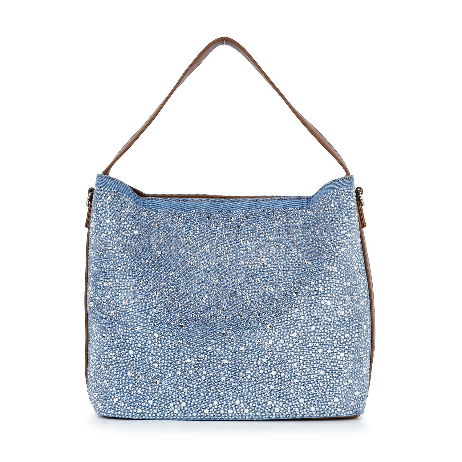 The Rhinestone Denim Fashion Hobo features blue denim, a brown shoulder strap, and an all-over white and silver rhinestone pattern for sparkle, shown against a plain white background.