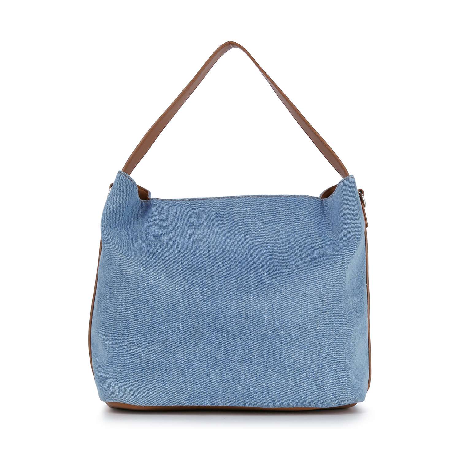 The Rhinestone Denim Fashion Hobo is a large, light blue denim bag featuring brown leather handles and trim, shown against a plain white background.