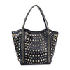 The Studded Rhinestone Alligator Embossed Tote Handbag in black features two handles, gold-tone hardware, and metallic stud details—ideal as a stylish tablet-compatible purse shown against a white background.