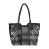 The Studded Embossed Tote Handbag is a black two-handle tote with an alligator-embossed texture and shiny silver studs arranged in a grid on the front and sides.
