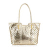 The Studded Embossed Tote Handbag features a shiny gold finish, dual handles, faux leather material, and an all-over raised stud pattern for a stylish look.