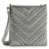 The Studded Rhinestone Crossbody Sling is a gray faux leather bag with a chevron pattern of silver studs and rhinestones, a matching adjustable strap, and gold-tone hardware.