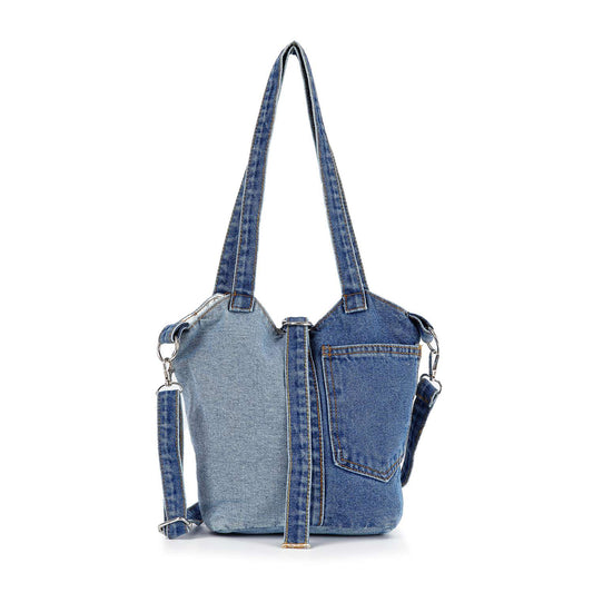 Two-Tone Washed Denim Tote Handbag