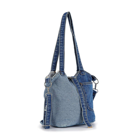 Two-Tone Washed Denim Tote Handbag