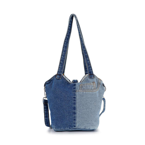 Two-Tone Washed Denim Tote Handbag