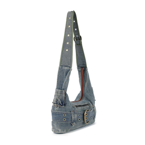 Belted Distressed Denim Shoulder Bag