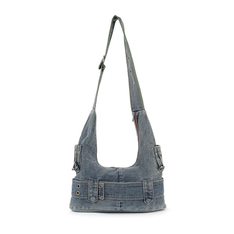 Belted Distressed Denim Shoulder Bag