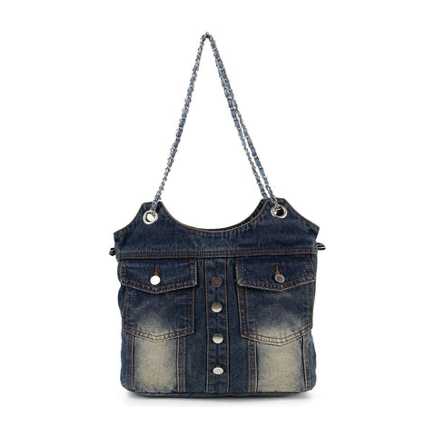 Front Pocket Washed Denim Shoulder Bag