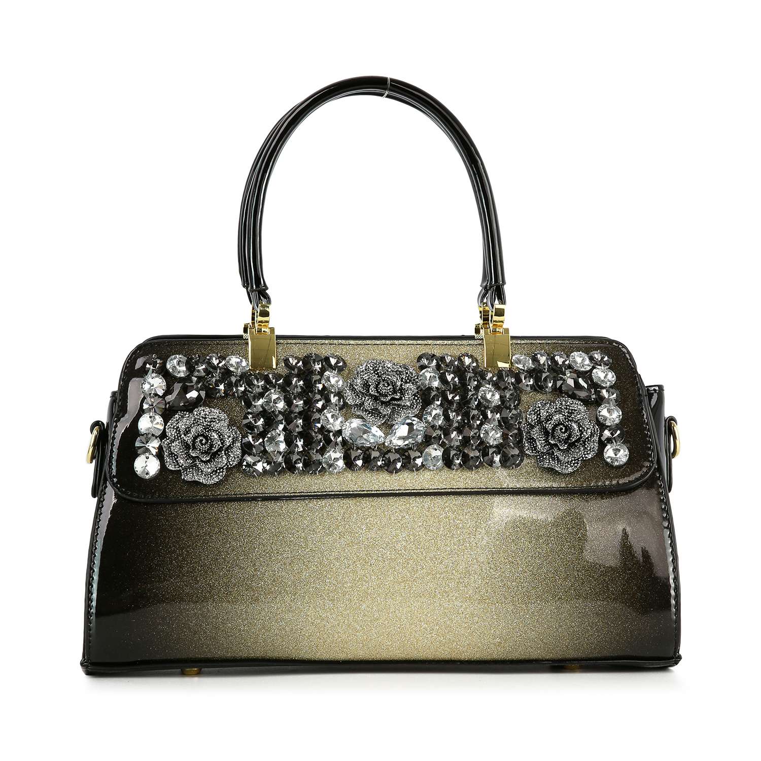 The Sparkling Patent Decorative Hand Tote features a shiny gradient gold and black faux leather design, black handles, and is adorned with silver floral and gemstone embellishments on the front flap.