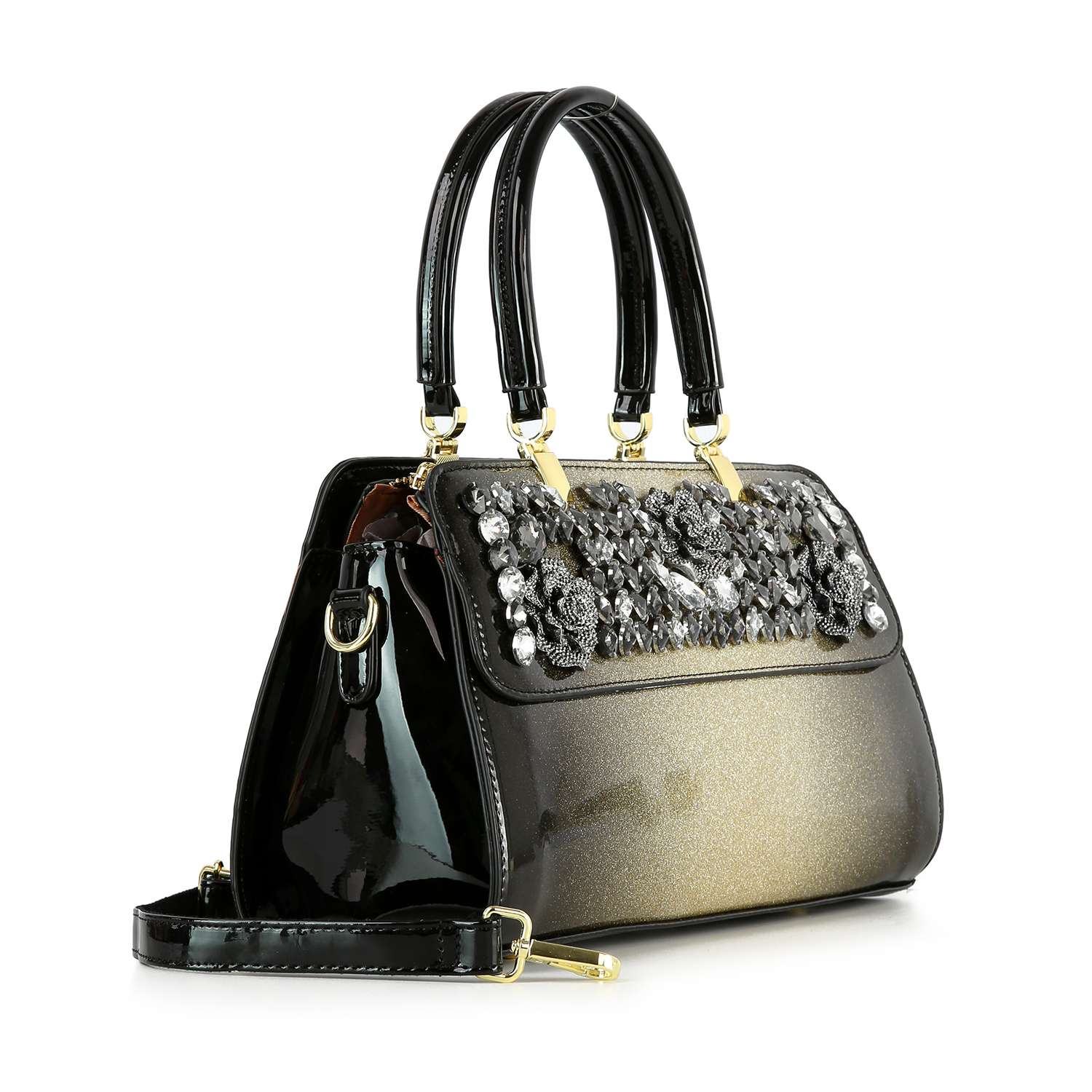 The Sparkling Patent Decorative Hand Tote features a black and gold gradient, shiny handles, detachable shoulder strap, and decorative gemstones on the front flap, all crafted from sleek patent faux leather.