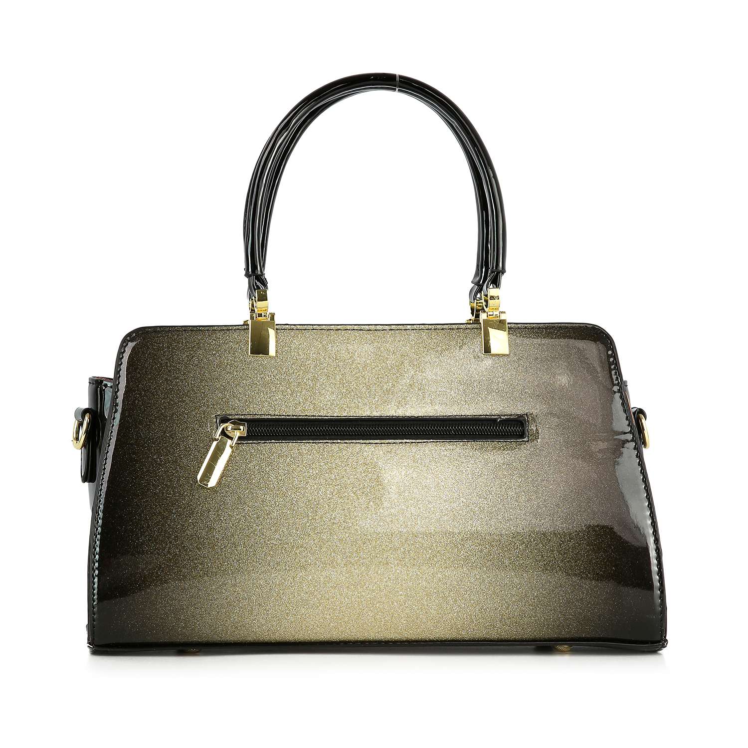 The Sparkling Patent Decorative Hand Tote features a glossy black-to-gold gradient in faux patent leather, gold hardware, front zippered pocket, dual top handles, and side strap attachments, shown against a white background.