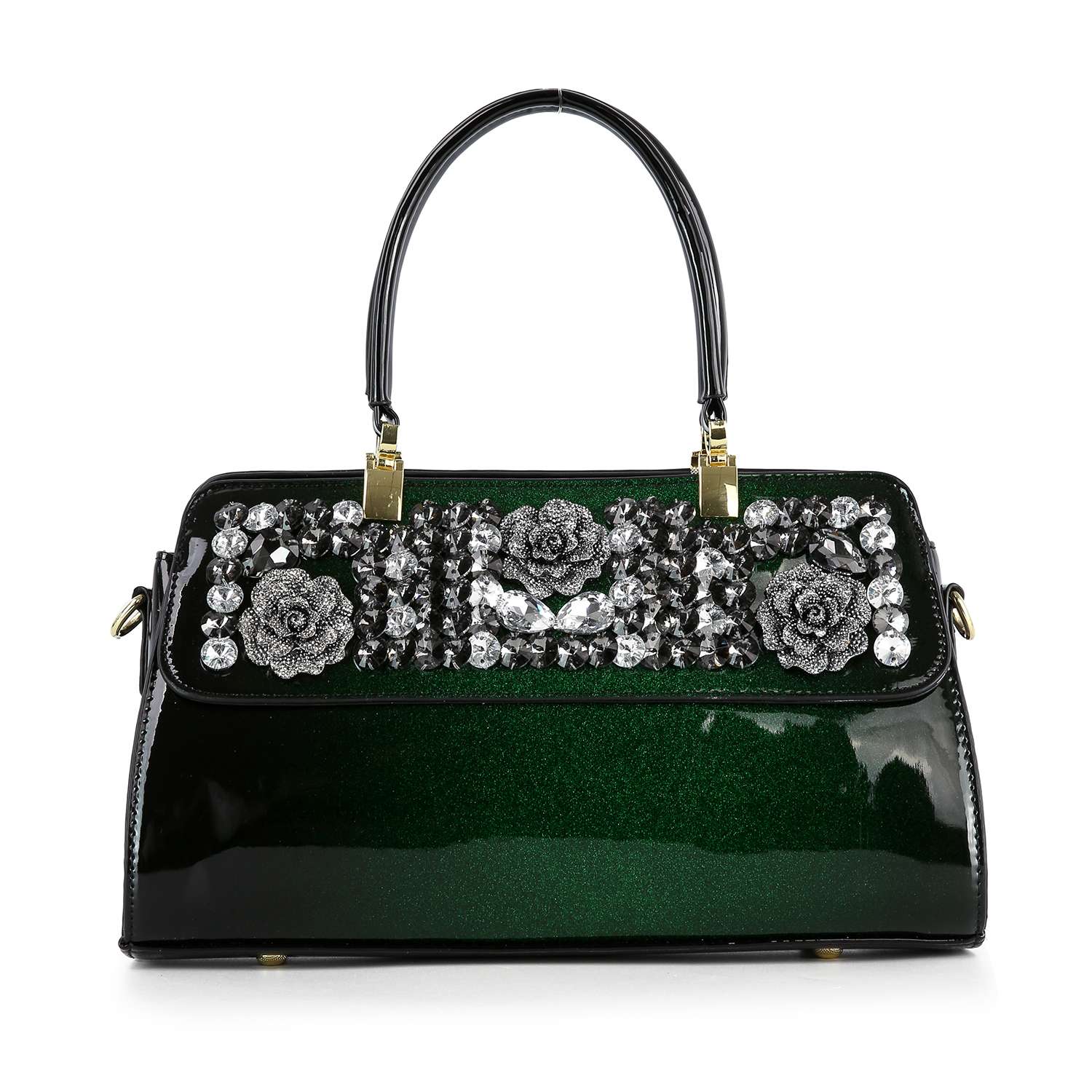 The Sparkling Patent Decorative Hand Tote features glossy dark green faux leather, black handles, gold hardware, and silver floral with crystal embellishments on the front flap.