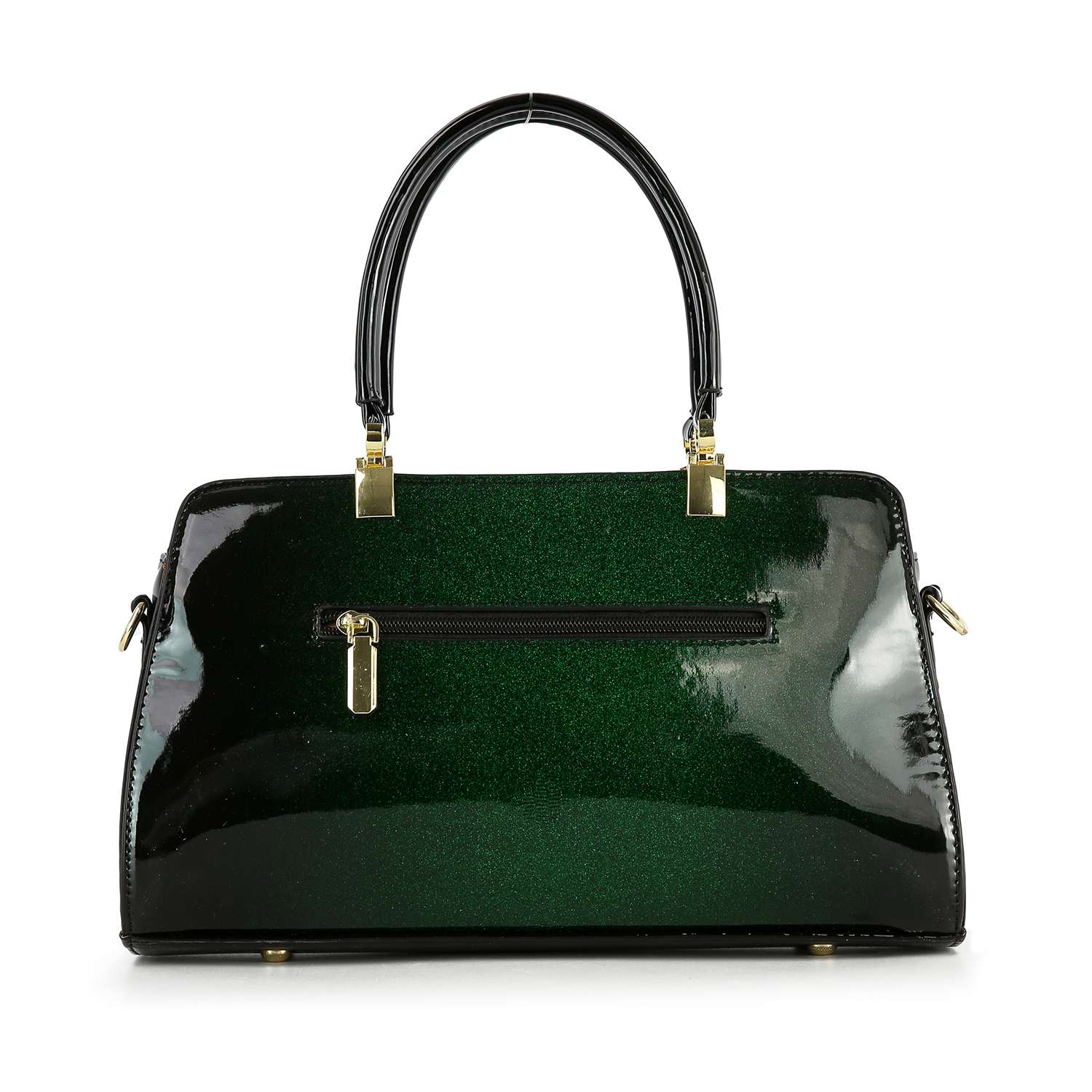 The Sparkling Patent Decorative Hand Tote, a glossy dark green faux leather bag with gold hardware, black handles, and a front zip pocket, is displayed against a white background.
