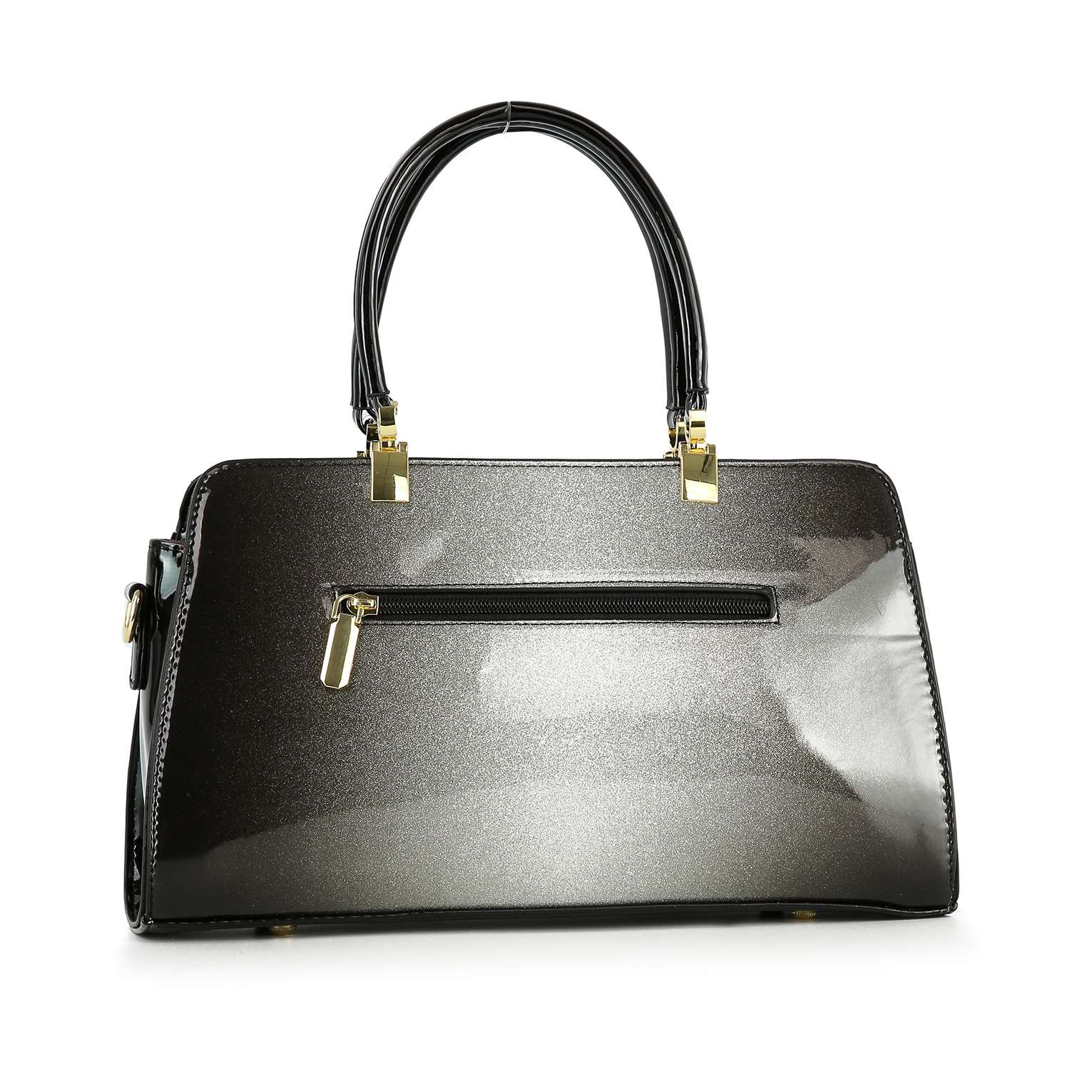 The Sparkling Patent Decorative Hand Tote features shiny black faux leather, gold accents, a front zip pocket, two sturdy handles, a structured rectangular shape, and a reflective surface.