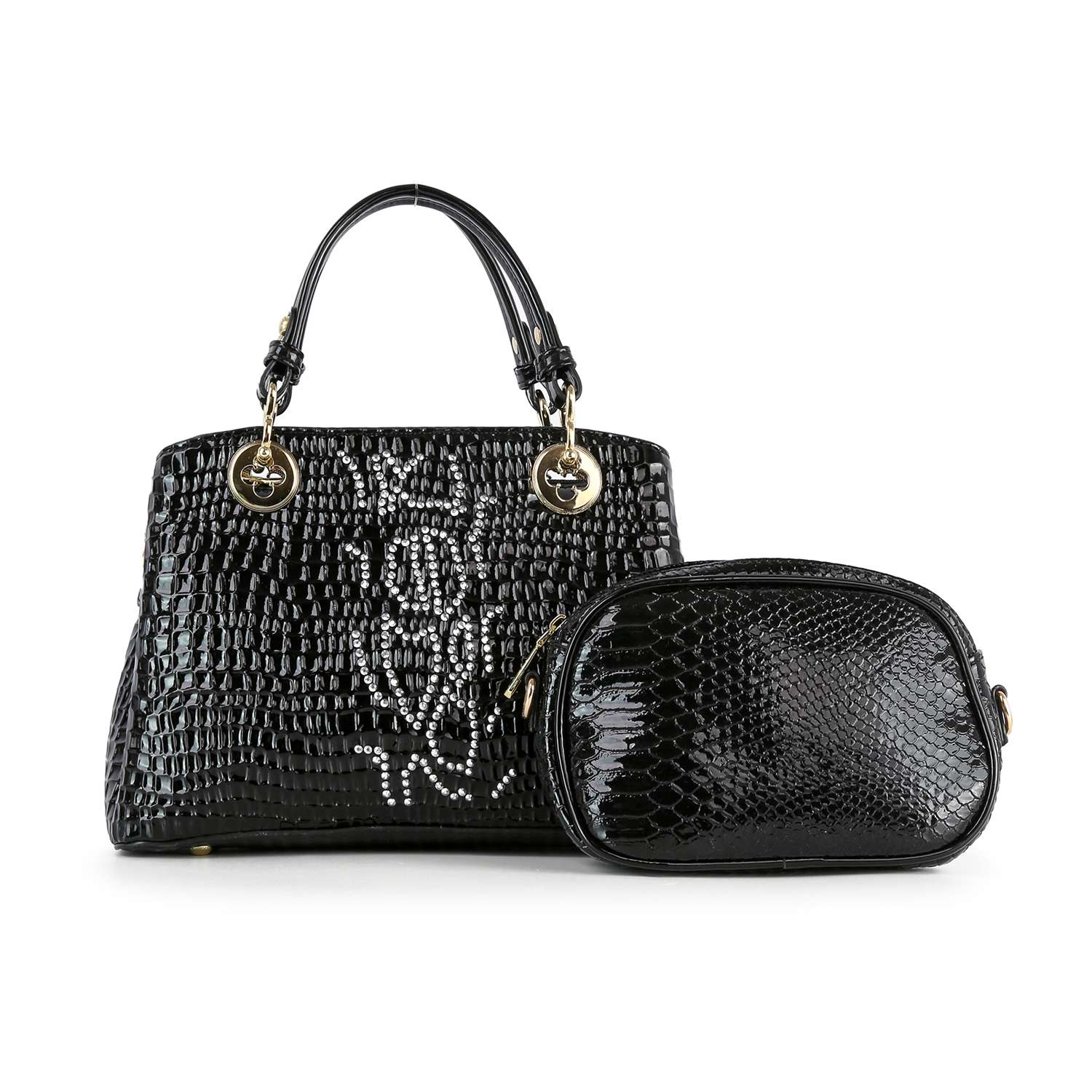 The Snake Embossed Hand Tote Set features two black handbags with a textured snake pattern: a structured faux leather tote with handles and gold accents, and a smaller, rounded crossbody bag displayed in front.