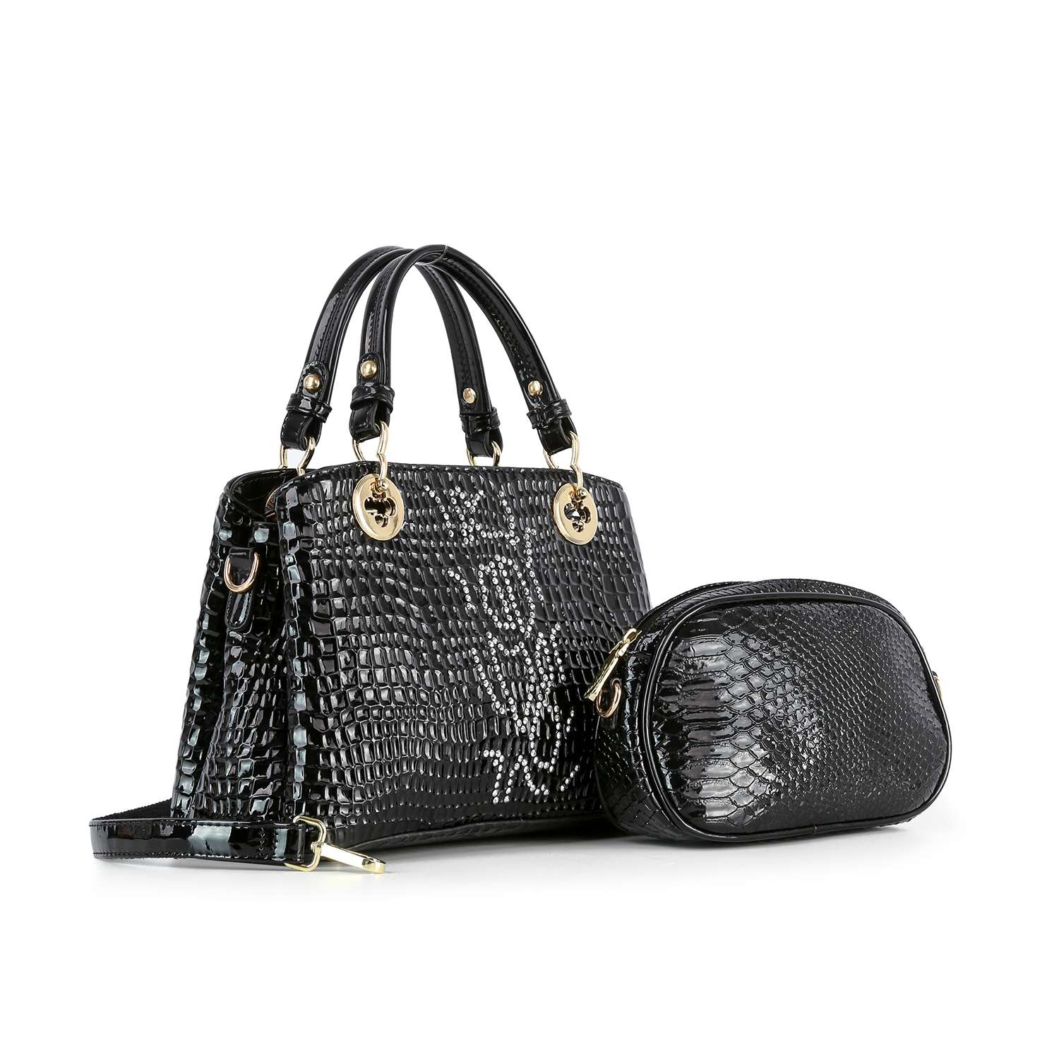 The Snake Embossed Hand Tote Set features a black faux crocodile leather handbag with gold hardware and a matching crossbody strap, plus a coordinating zippered pouch, both shown on a white background.