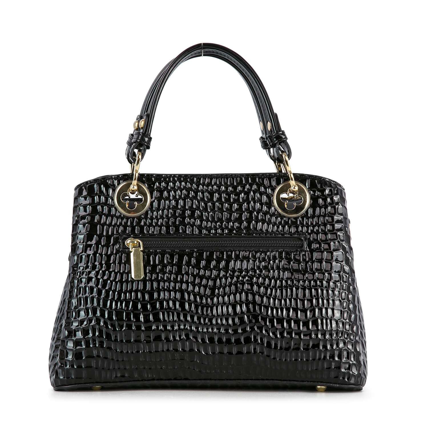 The Snake Embossed Hand Tote Set features black faux leather with a crocodile-like texture, gold hardware, dual handles, and a front zip pocket, shown against a white background.