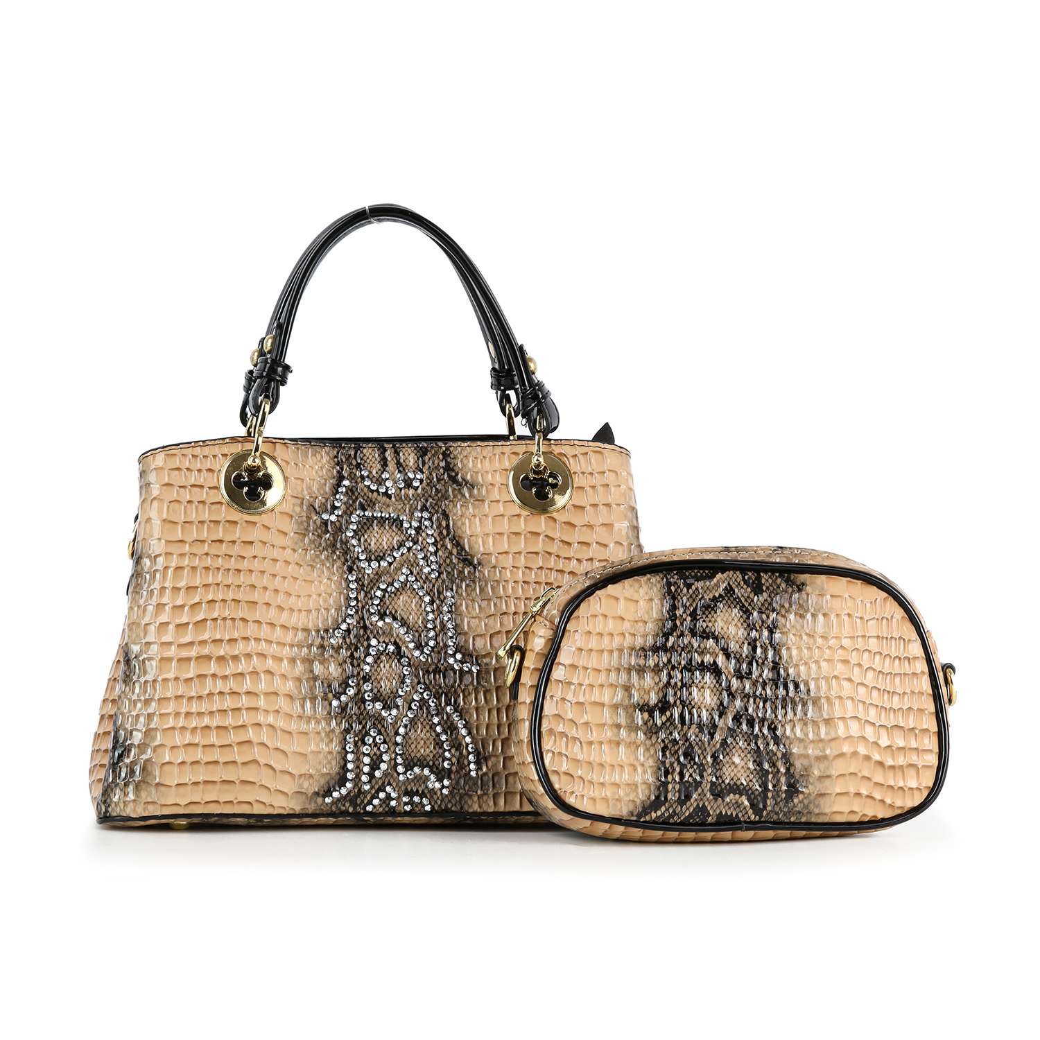 The Snake Embossed Hand Tote Set includes two chic beige handbags with black snake-skin patterns: a large tote with black handles and gold accents, and an oval crossbody bag with a long strap.