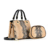 The Snake Embossed Hand Tote Set features two beige faux leather handbags with black handles, snakeskin pattern, gold hardware, and a matching zippered pouch, displayed side by side against a white background.
