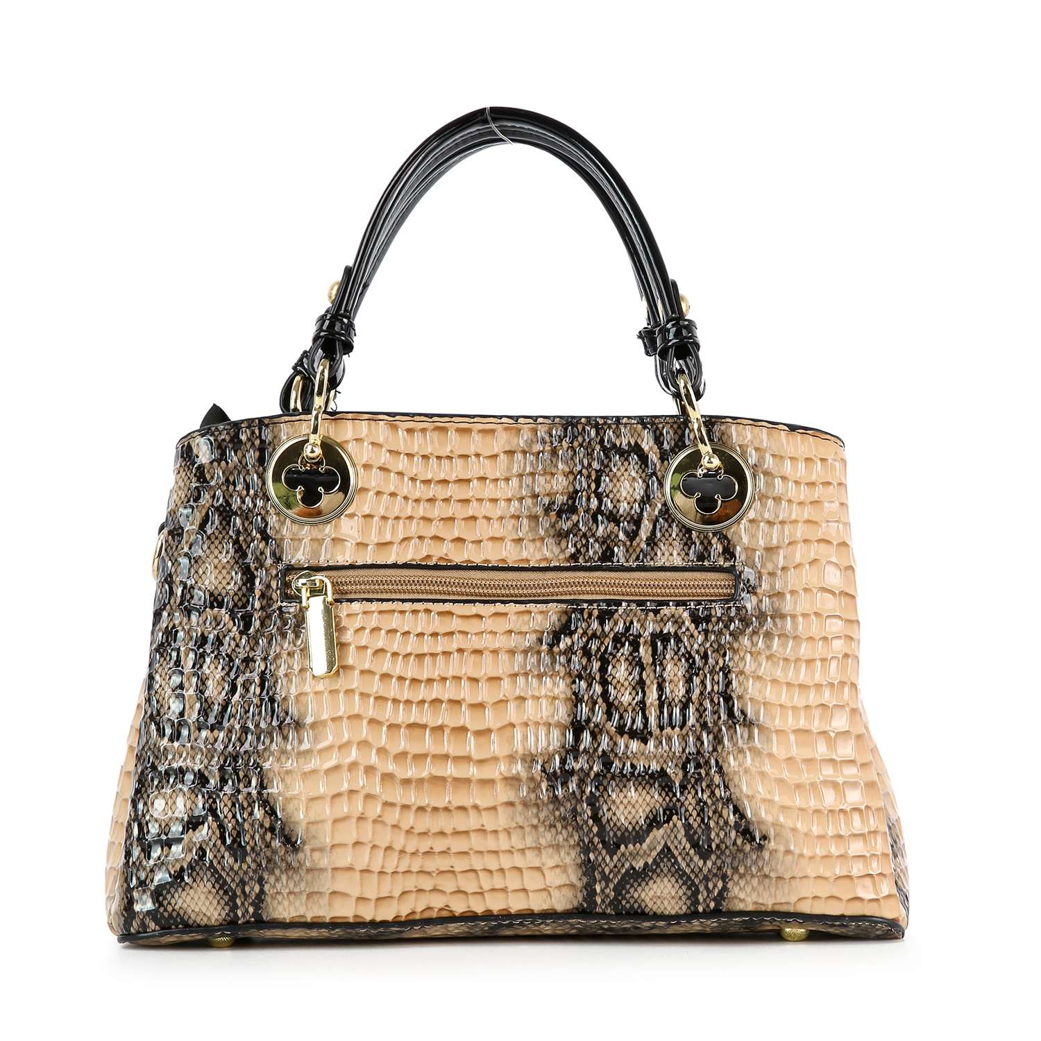 The Snake Embossed Hand Tote Set features a beige and black snakeskin design with black handles, gold hardware, a front zipper pocket, and faux leather construction, shown against a white background.