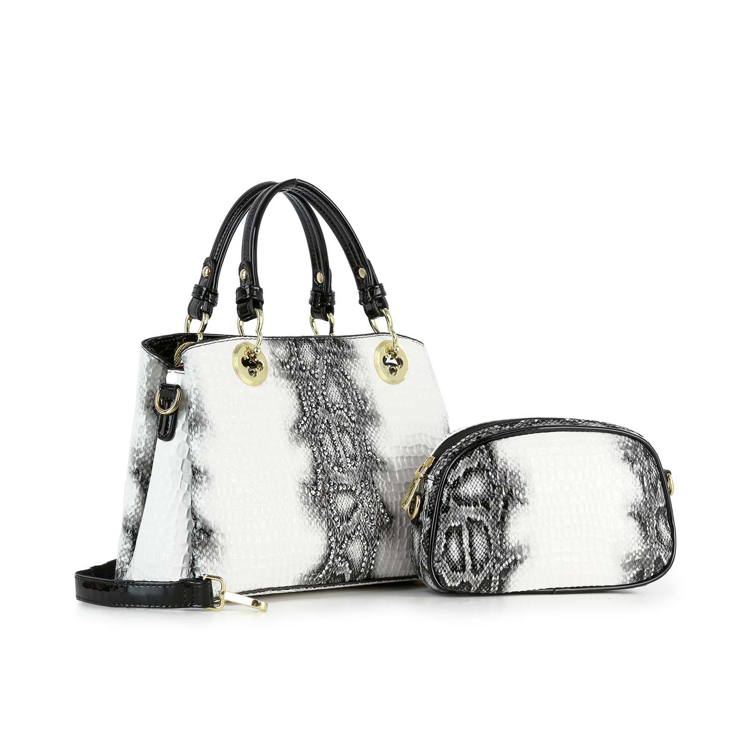 The Snake Embossed Hand Tote Set features a white and black snakeskin pattern with gold hardware, black handles, a matching zippered pouch, and detachable straps—a fashionable faux leather tote and pouch duo.