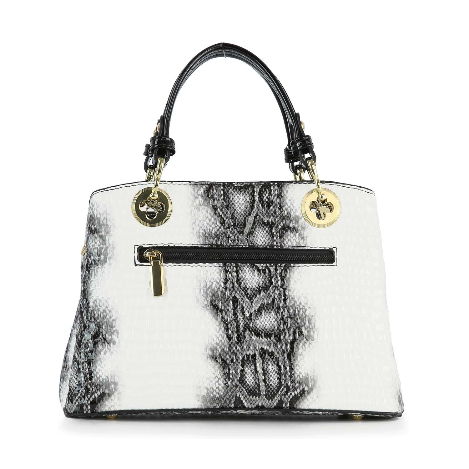 The Snake Embossed Hand Tote Set features black and white faux leather, a bold snakeskin pattern, gold hardware, black handles, and a front zip pocket.