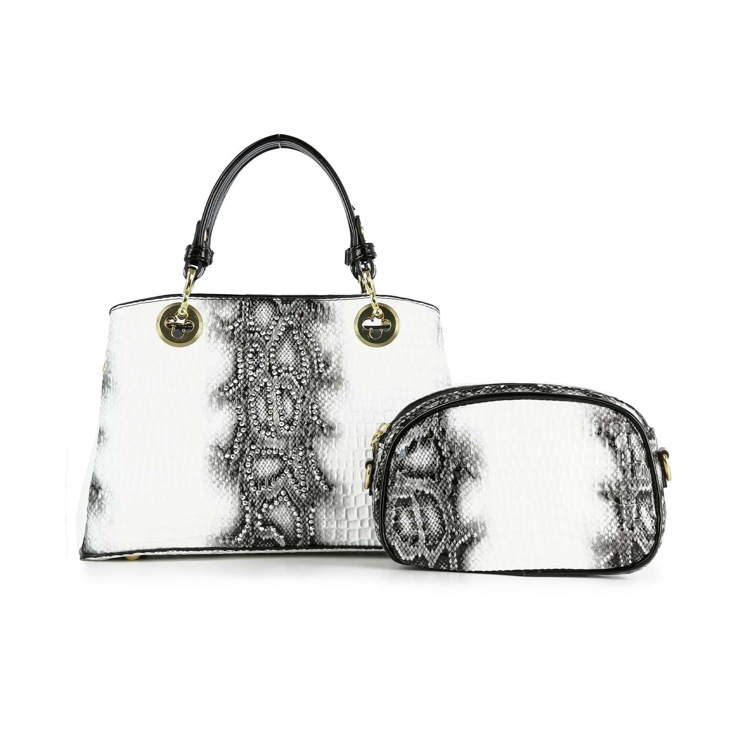 The Snake Embossed Hand Tote Set includes a black and white faux leather tote with gold hardware and a matching zippered pouch for coordinated style.