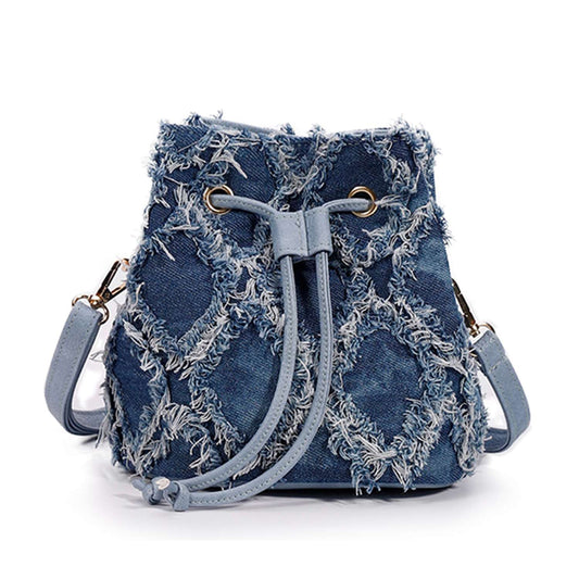 Distressed Denim Drawstring Shoulder Bag