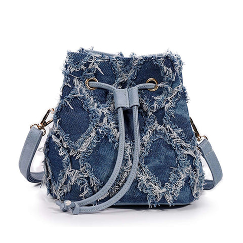 Distressed Denim Drawstring Shoulder Bag