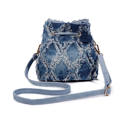 Distressed Denim Drawstring Shoulder Bag
