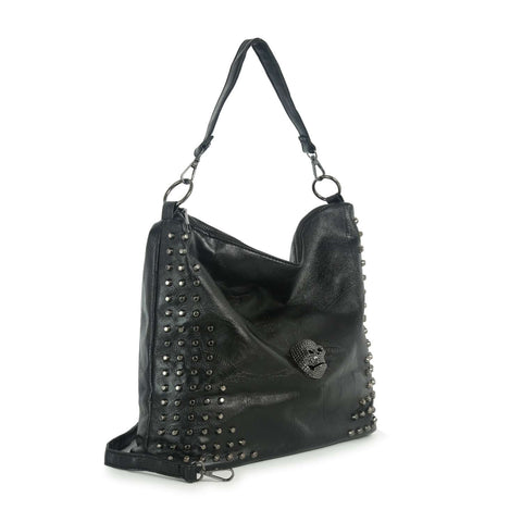 Studded Rhinestone Skull Hobo Handbag