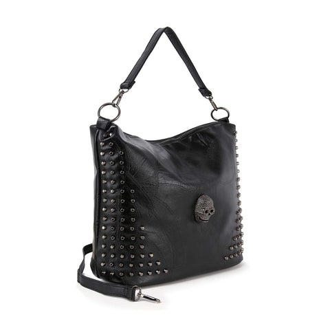 Studded Rhinestone Skull Hobo Handbag