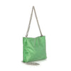 The Metal Mesh Evening Bag is a green shoulder bag featuring shiny silver chain strap and detailing, displayed against a plain white background.