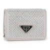 The Petite Dazzling Front Flap Shoulder Bag Clutch is a light gray faux leather wallet with rows of shiny silver studs and a triangular HIP GAL eagle plate, ideal as an evening bag.