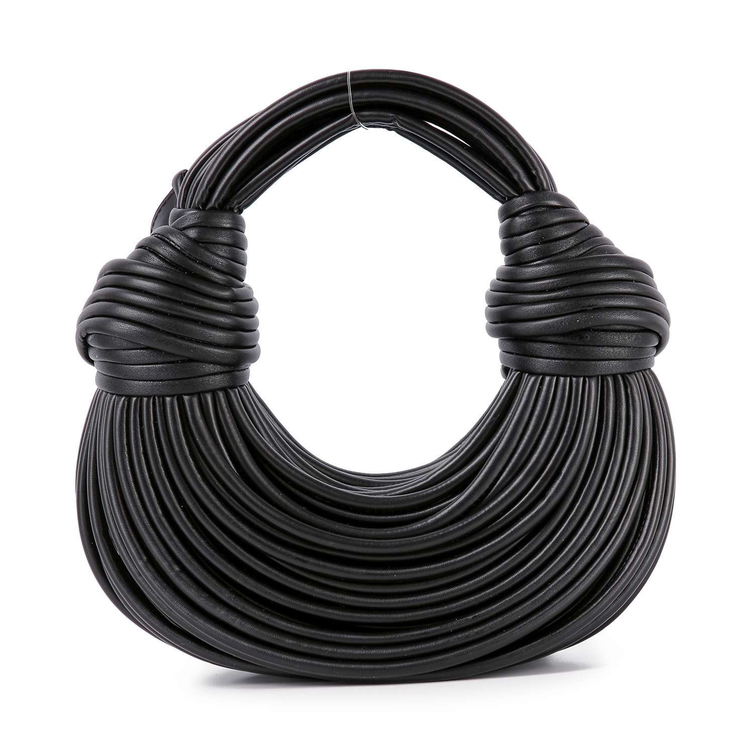 The Unique Hobo Handbag is a black faux leather bag with sculptural, rounded tubular layers around the body and handle. It features a bold, textured design and includes a detachable strap for versatile styling.
