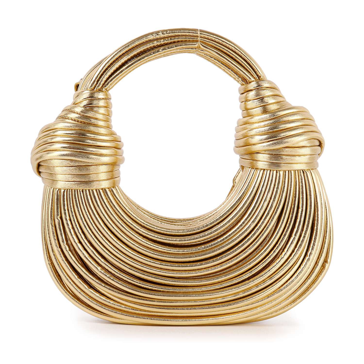 The Unique Hobo Handbag is a sculptural gold bag with a rounded crescent shape, layered metallic bands, a thick wrapped handle, and a detachable strap for versatile, bold, and luxurious style.