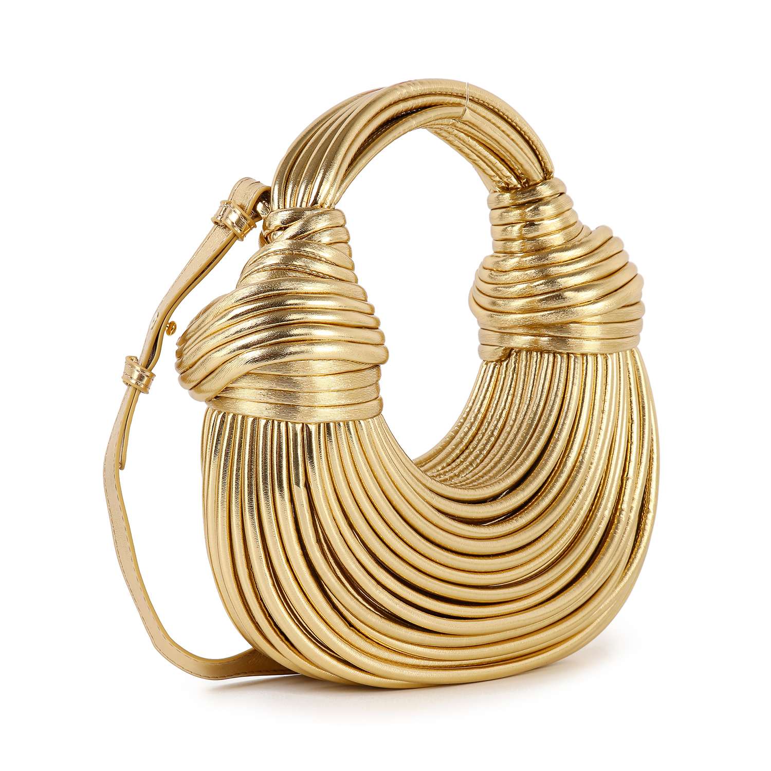 The Unique Hobo Handbag is a sculptural gold bag with stacked rings, intricate folds, curved handle, shiny metallic faux leather finish, and a detachable strap for versatile styling. Shaped like a thick, rounded horseshoe.