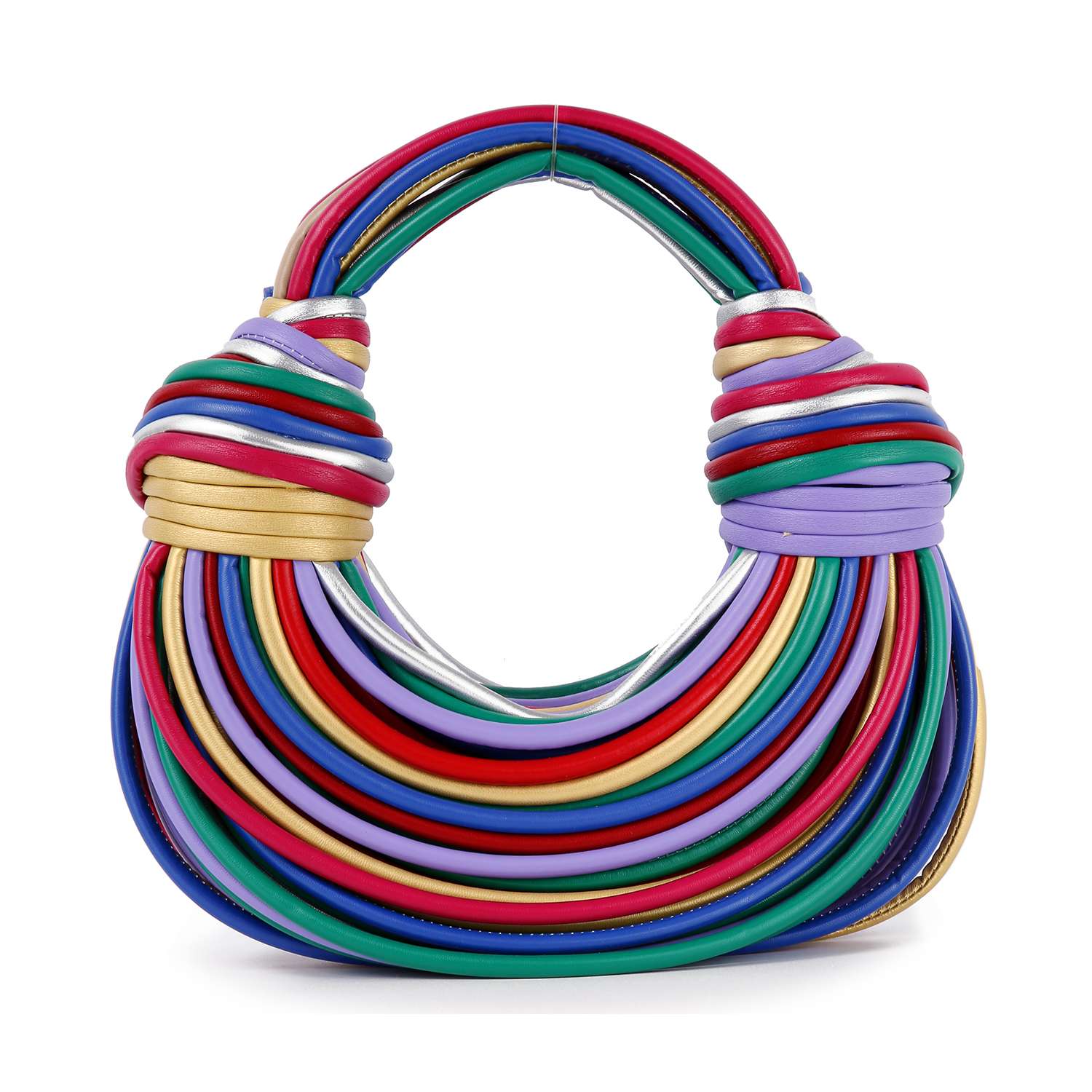 The Unique Hobo Handbag features thick, rounded faux leather bands in red, green, blue, purple, gold, and white. Its matching colorful handles and body create a bold statement look.