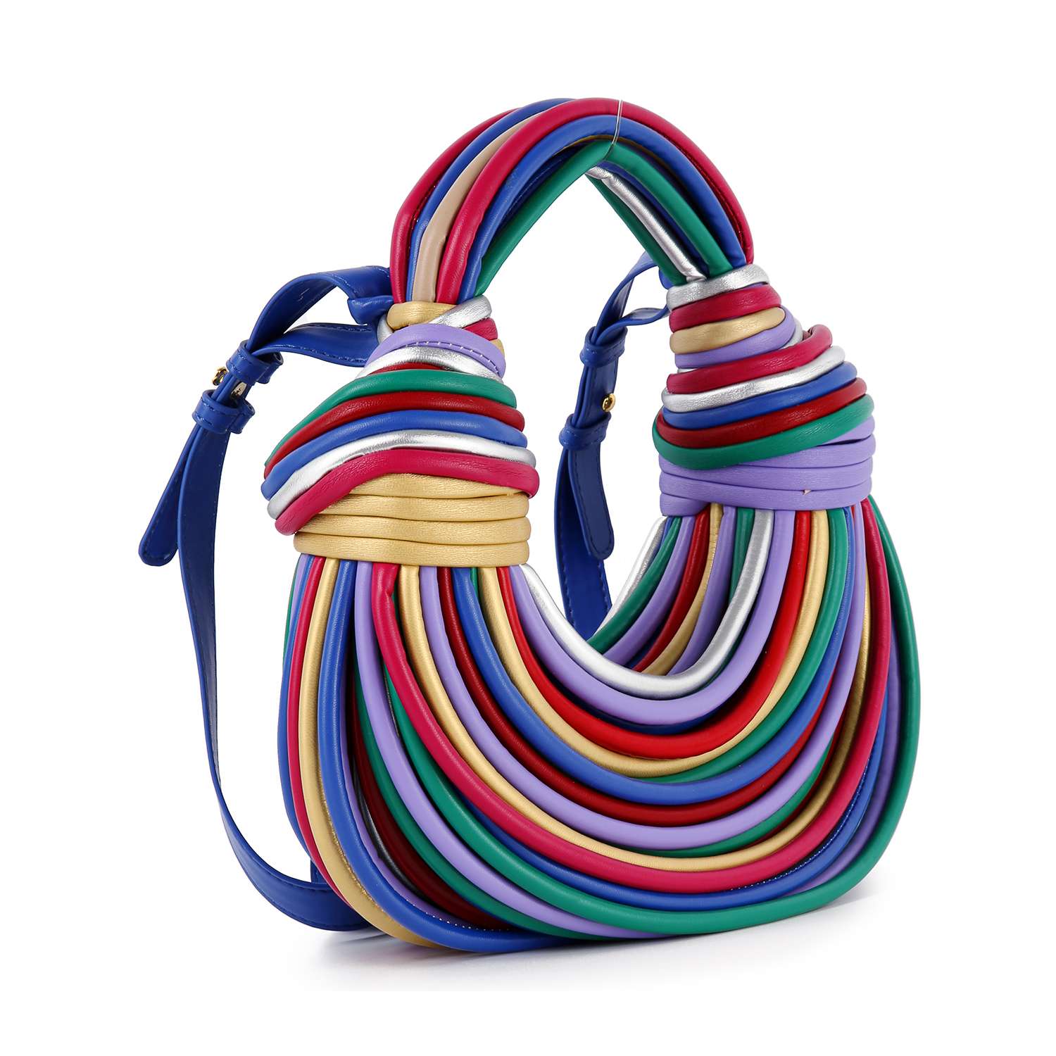 The Unique Hobo Handbag is a colorful faux leather hobo bag with sculptural, layered curved bands in blue, red, gold, purple, green, and white, and includes a matching blue adjustable and detachable strap.