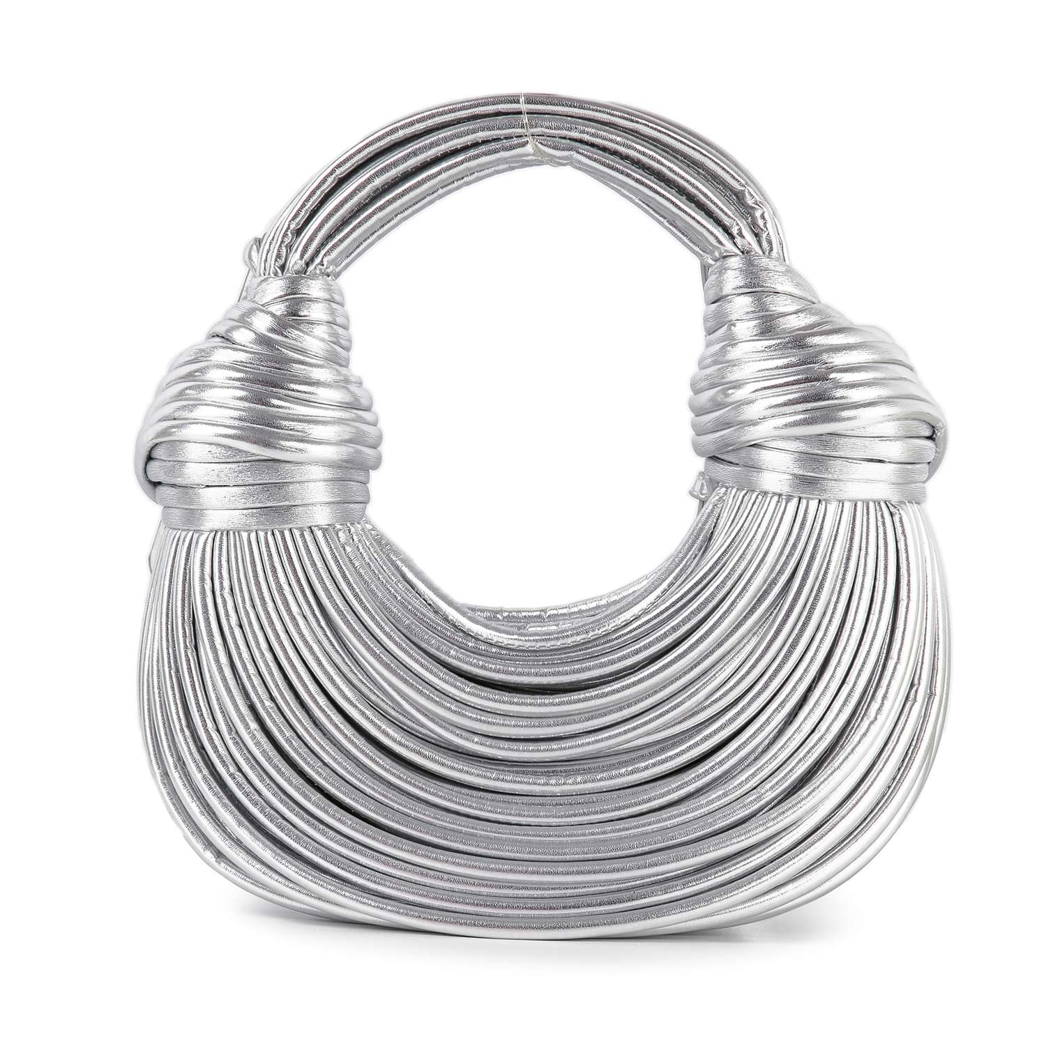 The Unique Hobo Handbag features a modern, sculptural design with layered metallic silver coils, a rounded handle, and is crafted from faux leather. Includes a detachable strap for versatile styling and a futuristic look.