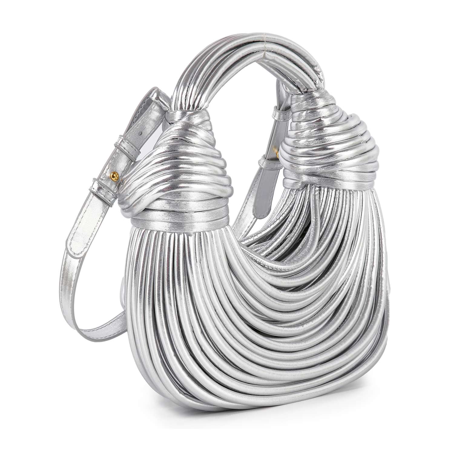 The Unique Hobo Handbag is a metallic silver faux leather bag with a sculptural, draped design, layered tubular details, and an adjustable, detachable shoulder strap.