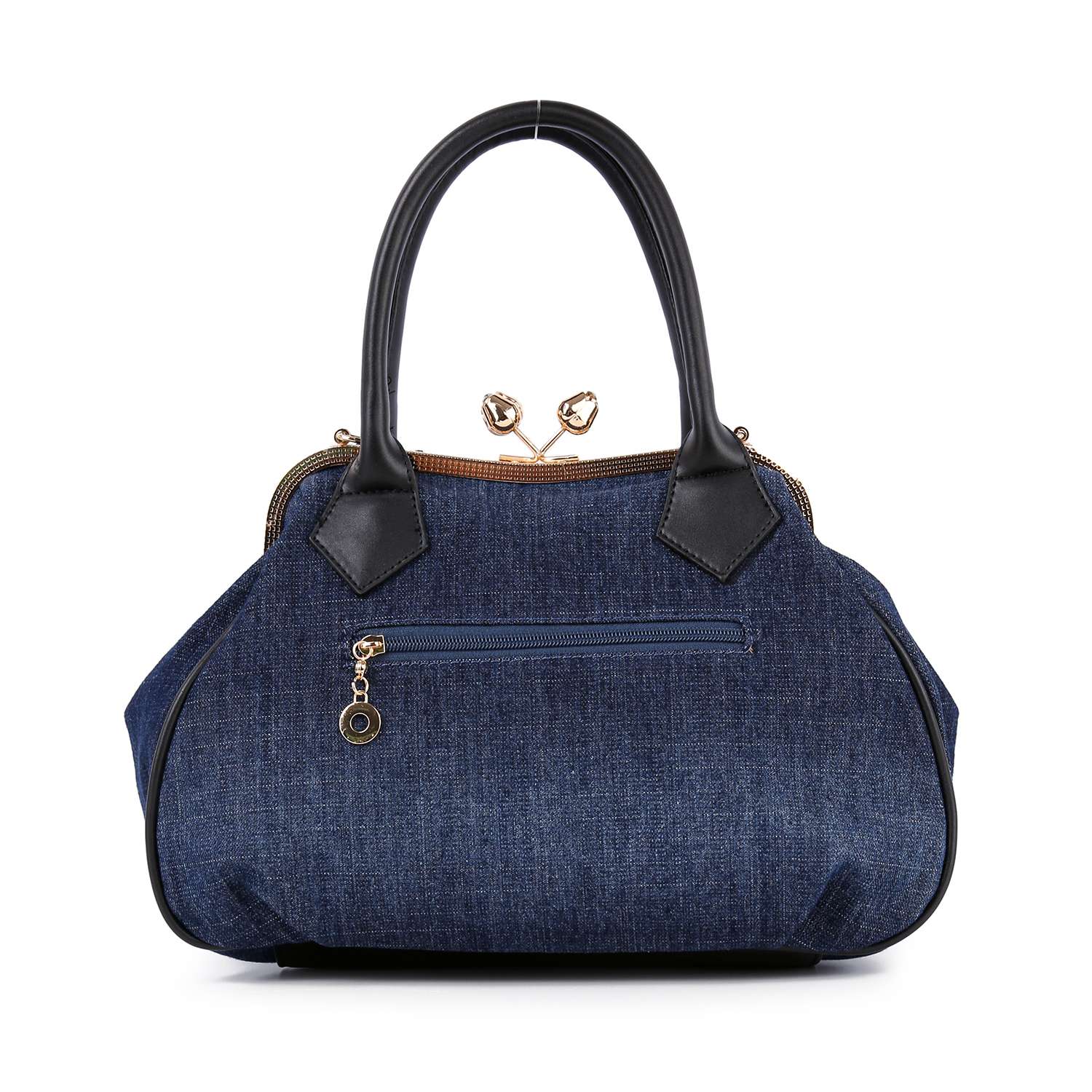 The Raised Flower Metal Frame Hand Tote is a vintage-chic denim handbag with black handles, a gold clasp, and a front zippered pocket, shown against a white background.
