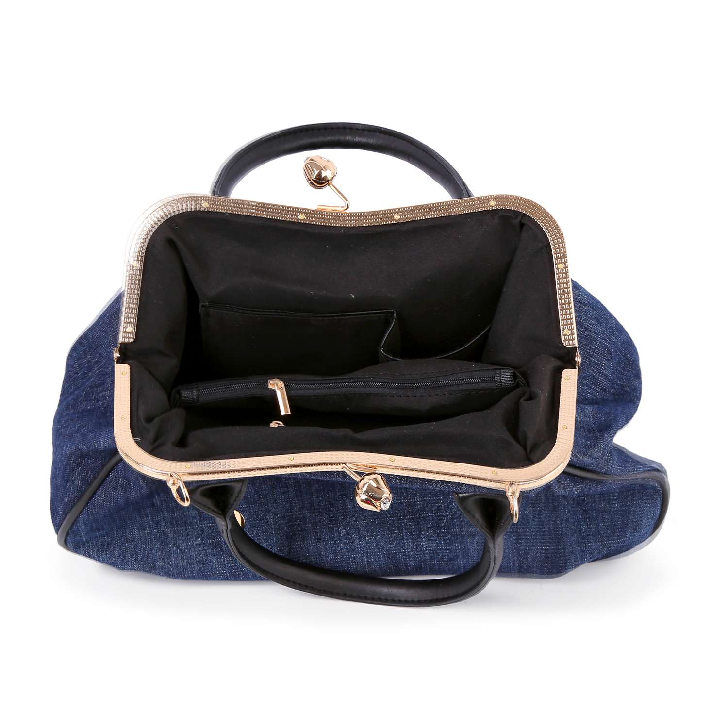 The Raised Flower Metal Frame Hand Tote features blue denim, a gold frame, black handles, an open top, and a black interior with small pockets—blending vintage-chic style with modern everyday function.