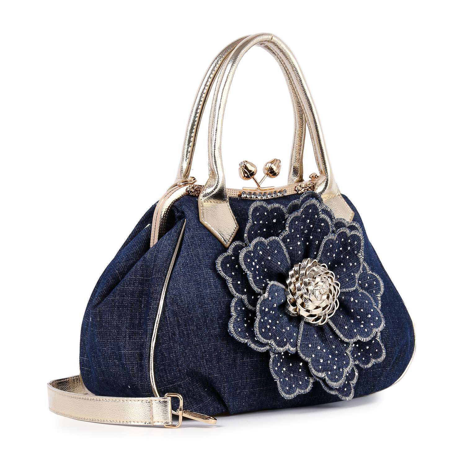 The Raised Flower Metal Frame Hand Tote features a dark blue denim body, metallic gold handles and strap, plus a bold blue floral embellishment with silver studs—making it the ideal vintage-chic statement accessory.