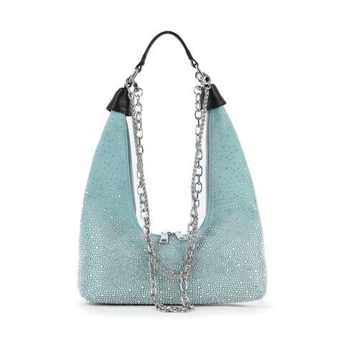 Glamorous Stone And Chain Accented Denim Shoulder Bag