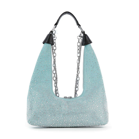 Glamorous Stone And Chain Accented Denim Shoulder Bag