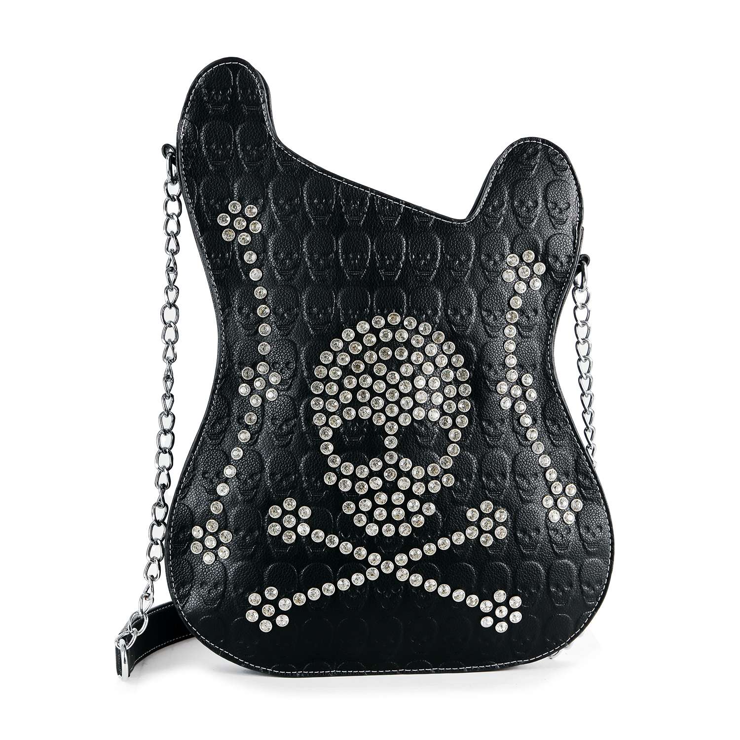 Make a statement with the Embossed Guitar Design Skull And Crossbones Shoulder Bag—a black, guitar-shaped bag with a silver chain strap, embossed skull pattern, and rhinestone skull-and-crossbones motif for a bold Gothic touch.