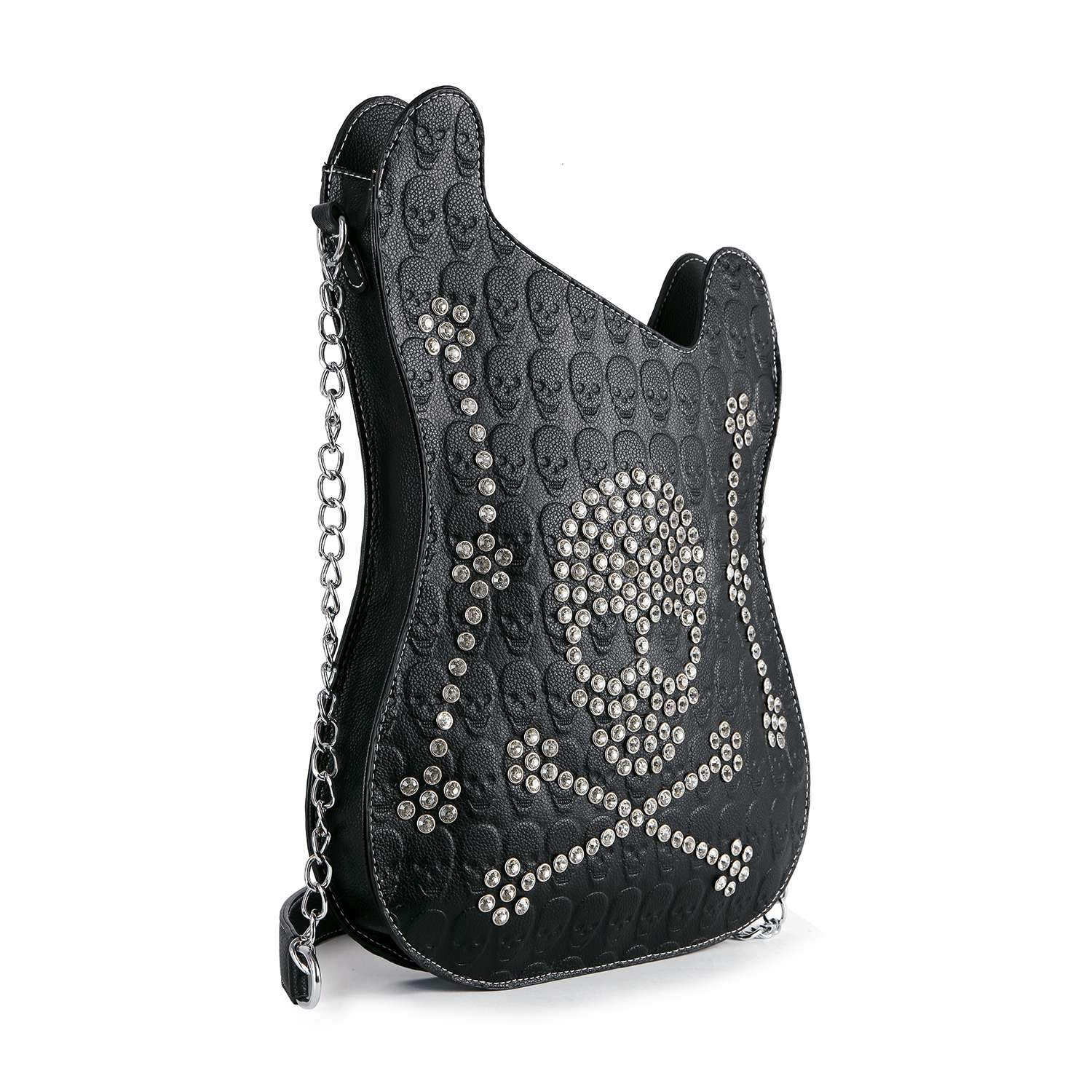 The Embossed Guitar Design Skull And Crossbones Shoulder Bag is a black, guitar-shaped bag with a chain strap, silver studded skull and crossbones on the front, and an embossed surface featuring small skull patterns for added Gothic style.